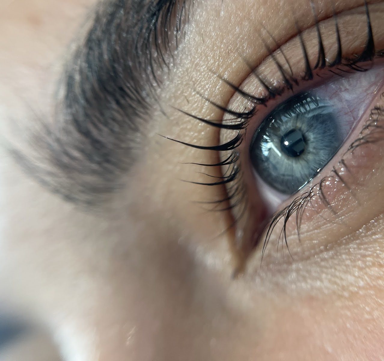 Primer plano de un ojo azul con pestañas curvadas
