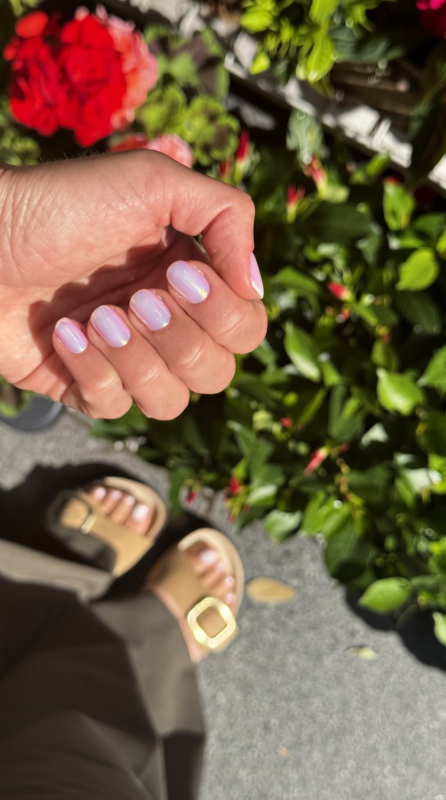 Manicura lila junto a flores rojas y pies con pedicura en sandalias